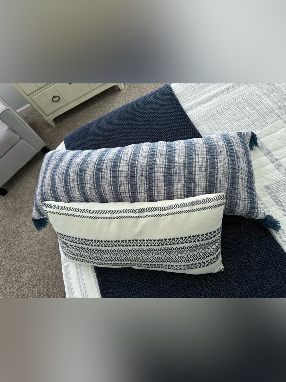 Set of 2 Coordinating Coastal Lumbar Pillows, Blue & White - Picture 3 of 7